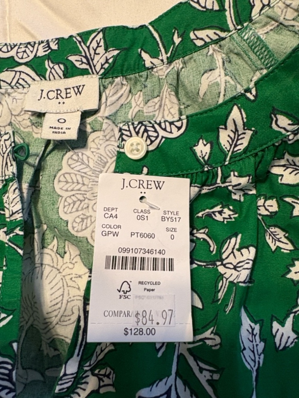 J. Crew Floral Midi Dress 0 Green Tie Waist Short Sleeve Vacation Summer NWT - Picture 7 of 7
